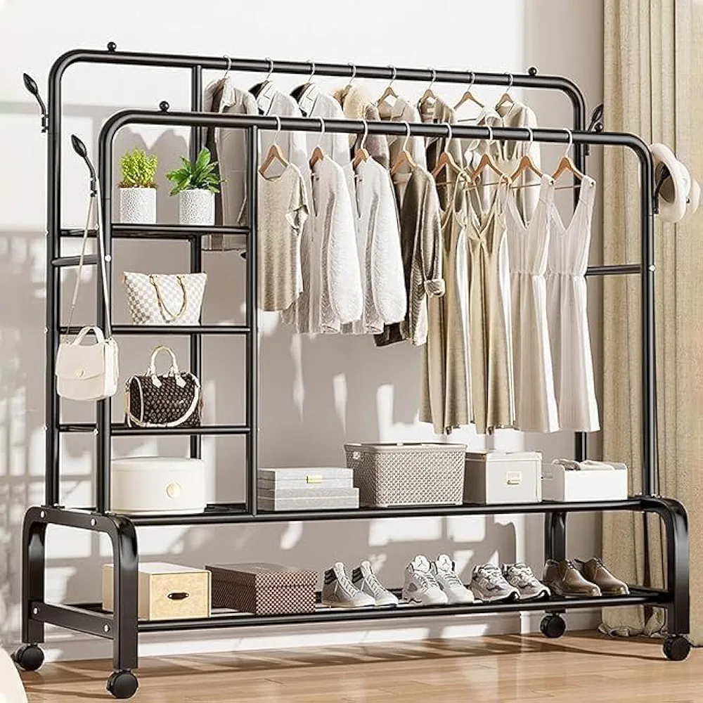 Metallic Clothes Organizer Rack With Integrated Shelving And Caster Wheels