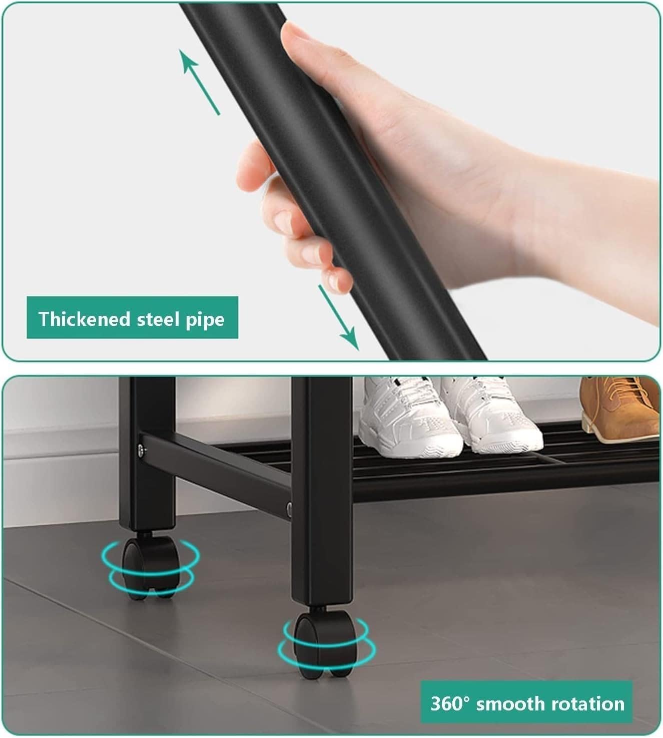 Portable Clothes Rack for Bedroom & Balcony with Double Hanging Rails and Shoe Shelves – Black