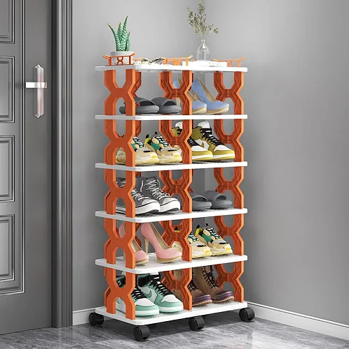 Multilayer Slim Shoe Rack with Wheels Double-Door Space-Saving Shoe Cabinet