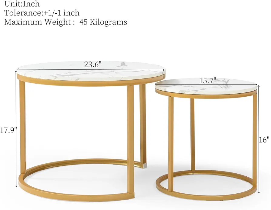 Set of 2 Marble Round Coffee  Center Tables - White/Gold