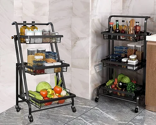 3 Tier Trolley Stall Folding Portable Kitchen Storage Rack Metal Stand