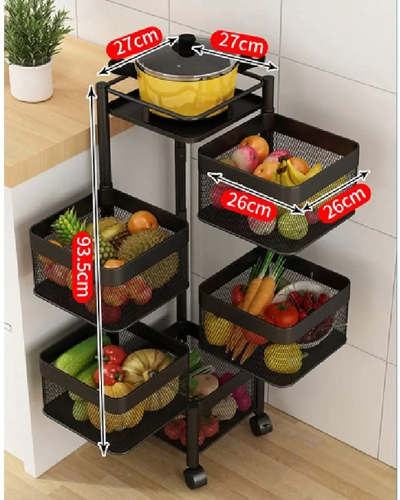 5 Layer Storage Kitchen Trolley For Storing Fruits & Vegetables - Black