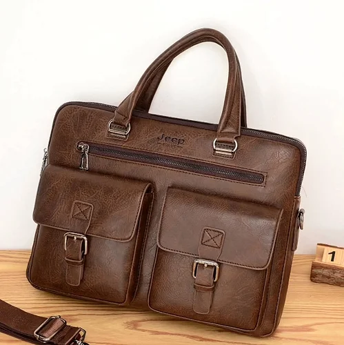 Jeep Buluo 15-Inch Waterproof Leather Laptop Bag – Coffee Brown | Stylish Laptop Carrying Bag