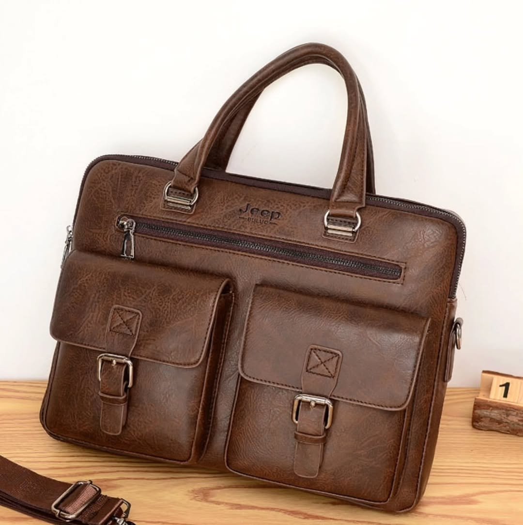 Jeep Buluo 15-Inch Waterproof Leather Laptop Bag – Coffee Brown