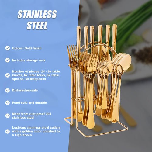 24Pcs Cutlery Set With Stand - Gold