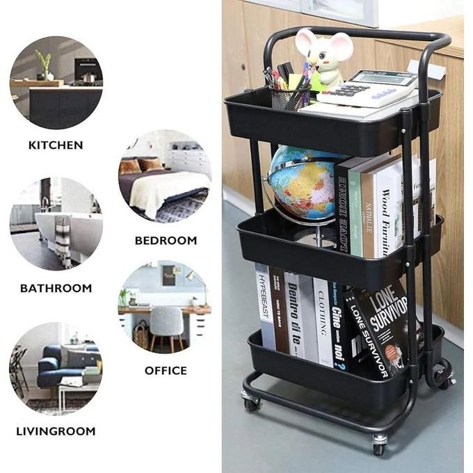 Storage Trolley Cart - 3 Tier Rolling Utility Organizer Rack, Craft Art Cart, Multi-Purpose Organizer Shelf, Tower Rack Serving Trolley for Office Bathroom Kitchen Kids’ Room Laundry Room