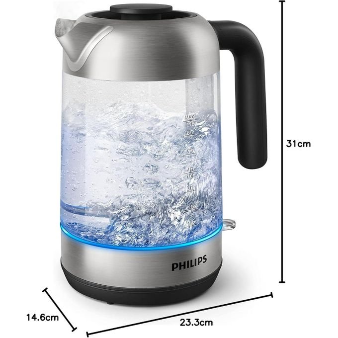 Philips Glass Electric Kettle - 1.7L, 2200W, HD9339/81 Series 5000 Blue LED Light - Black & Silver