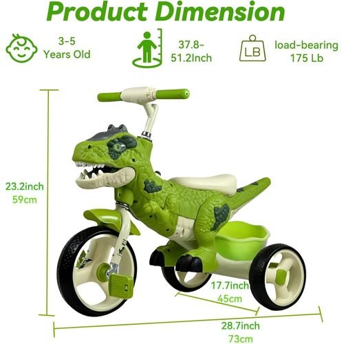 Kids Tricycle for Toddlers 2-5 Year, Dinosaur Kids Trike with arge Basket, Toddler Bike Baby Balance Bike with Light Music, Birthday Gift and Toy for Boys and Girls
