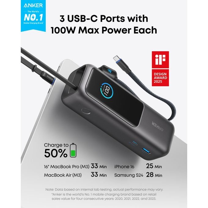 Anker Laptop Power Bank 25,000mAh 165W with Built-in & Retractable Cables – Black