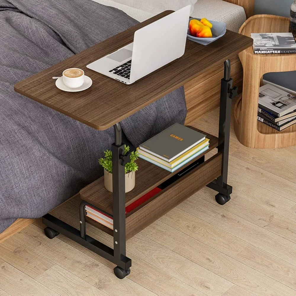Adjustable Laptop Table Side Table with Wheels- Brown