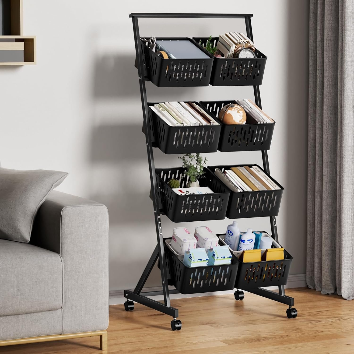 4-Tier Kitchen Storage Trolley with Mesh Baskets