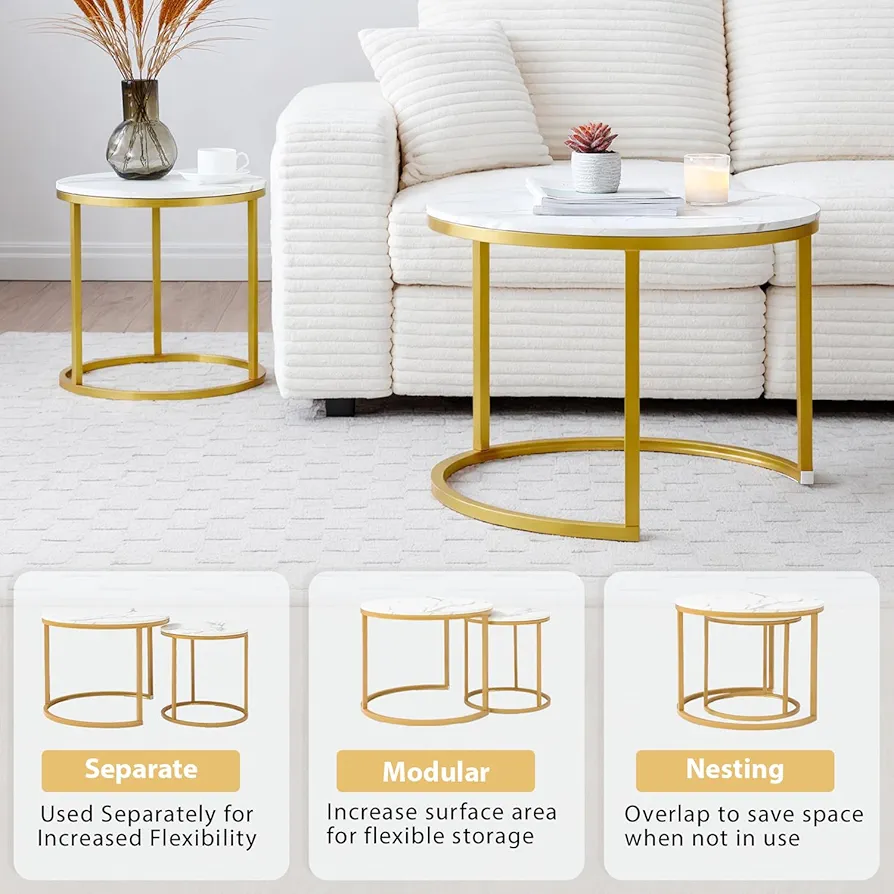 Set of 2 Marble Round Coffee  Center Tables - White/Gold