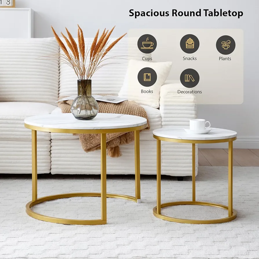Set of 2 Modern Round Coffee Tables With  Marble Tabletop - White/Gold