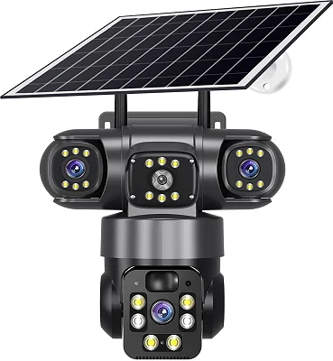 4G Simcard Solar Camera Outdoor 3 Lens 3 Screen CCTV with Solar Panel &amp; V380 Pro