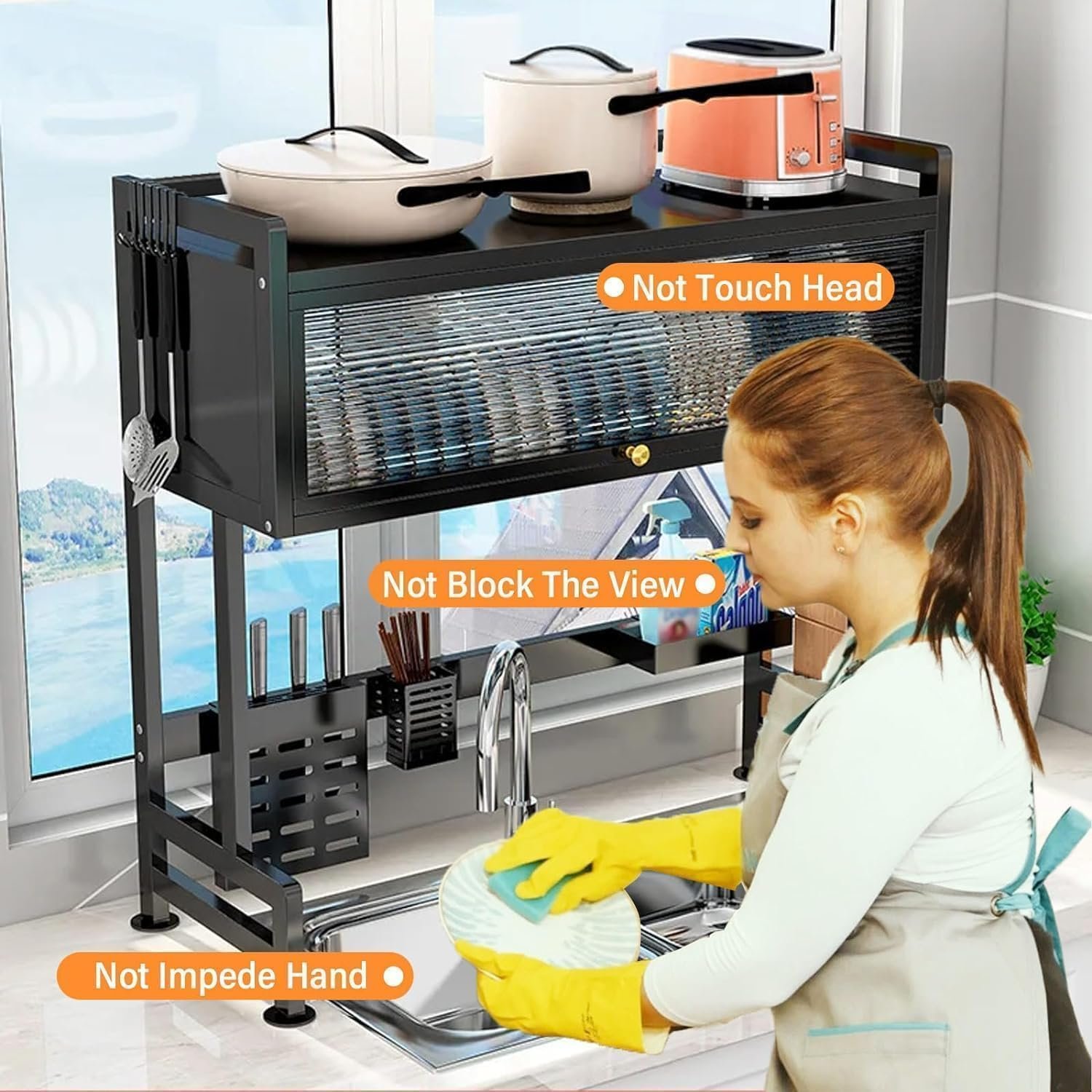 Over The Sink 3-Tier Dish Drying Rack with Dust-Proof Cabinet & Utensil Holder