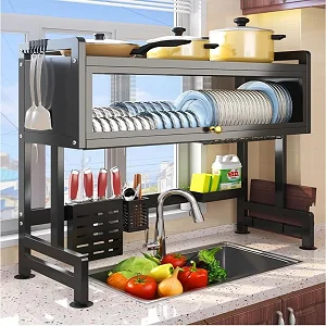 Heavy Duty 3-Tier Over the Sink Dish Drying Rack with Dust-Proof Cabinet – Black