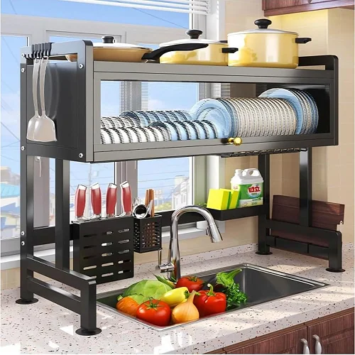 Heavy Duty 3-Tier Over the Sink Dish Drying Rack with Dust-Proof Cabinet – Black