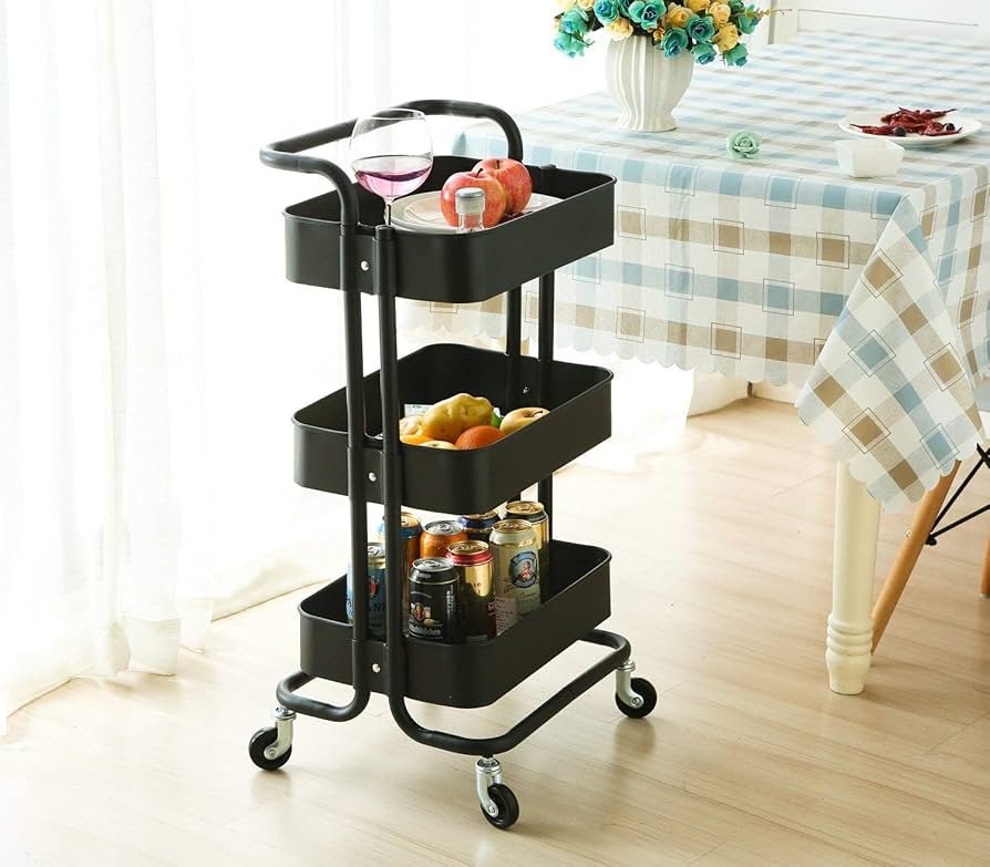 3 Tier Trolley Organizer Rack, Multi-Purpose Organizer Shelf, Tower Rack Serving Trolley for Office Bathroom Kitchen Kids’ Room Laundry Room - Black
