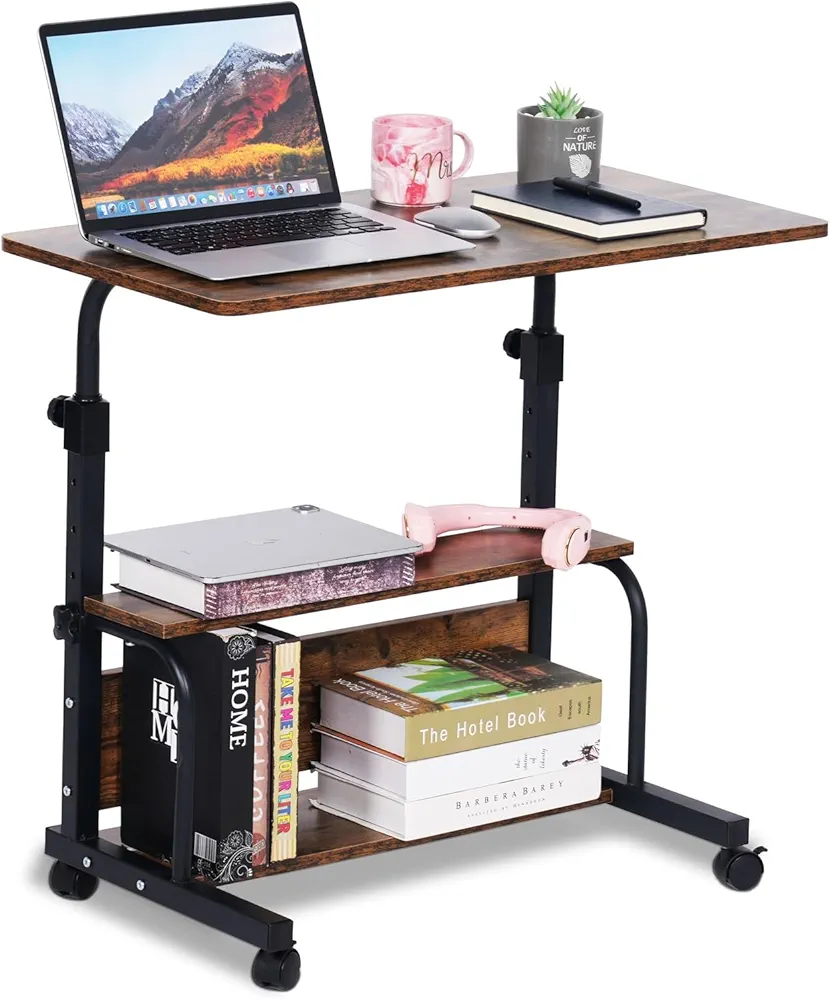 Adjustable Laptop Table Side Table with Wheels, Bedside Table - Brown