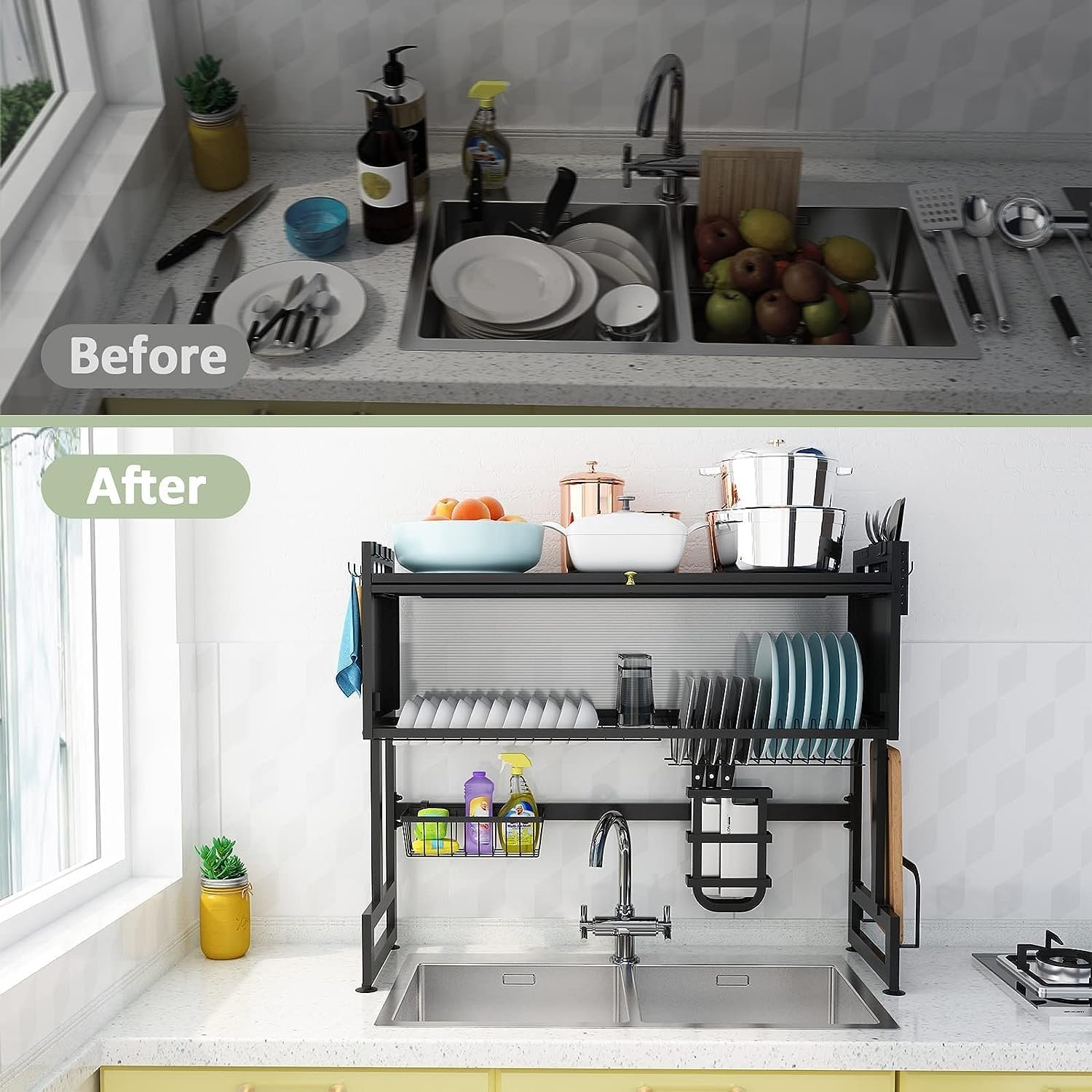 Heavy Duty 3-Tier Over the Sink Dish Drying Rack with Dust-Proof Cabinet – Black