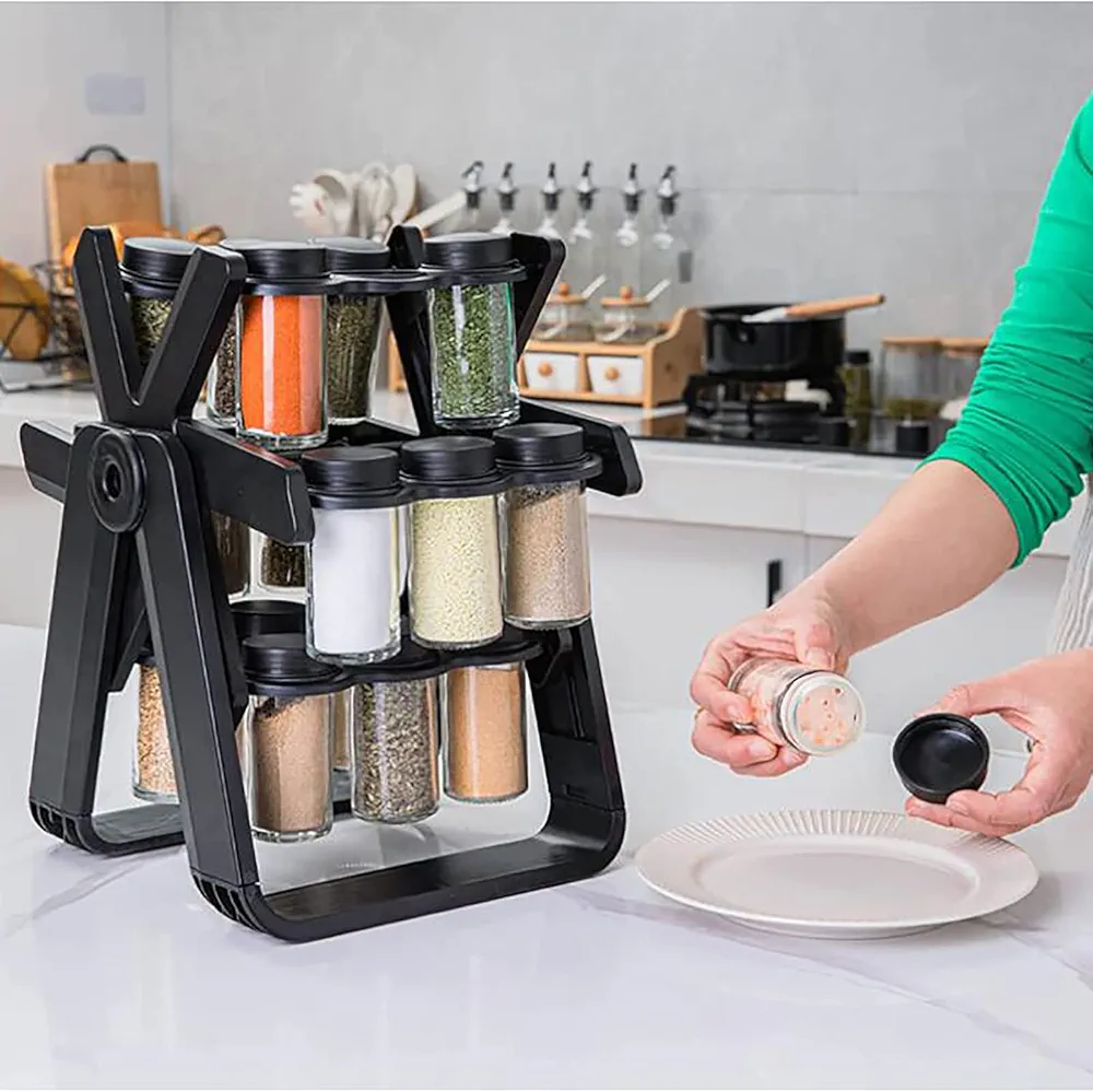 Spice Rack Set, 360°Rotating Ferris Wheel Seasoning Organizer with 18 Empty Spice Jars, Each Tank Can Hold a Capacity Of 300ml, for Cinnamon, Cumin, Crushed Red Pepper