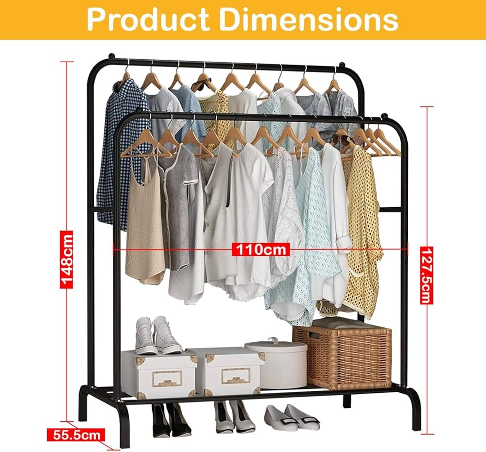 double -rail clothes garment rack with storage shelvels and wheels