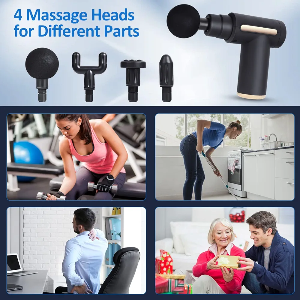 Mini Massage Gun Professional Portable with Low Noise Type C Load 6 Speed 4 Massage Heads, Back and Neck Massager