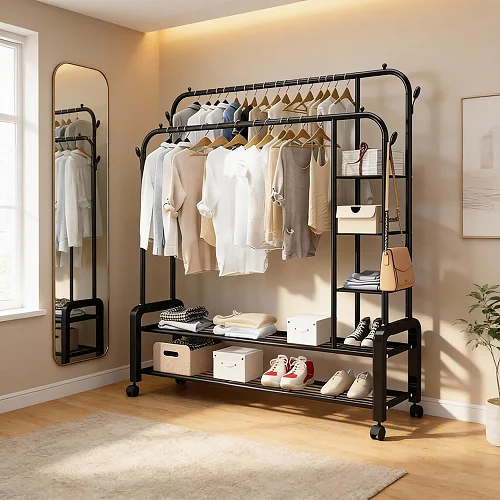 Portable Garment Rack Wide Clothes Rail with 2 Hanging Rails, 4 Hooks &amp; Shelves – Black