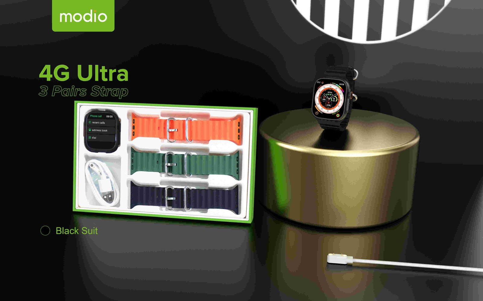 Modio 4G Ultra Max  Sim Card Smart Watch 4Gb / 64Gb Storage HD Screen 2.2 Inch  With 3 Straps