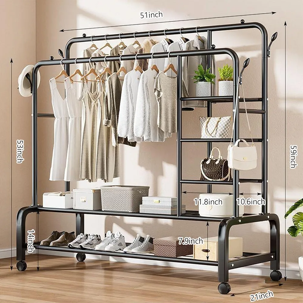 Metallic Clothes Organizer Rack With Integrated Shelving And Caster Wheels