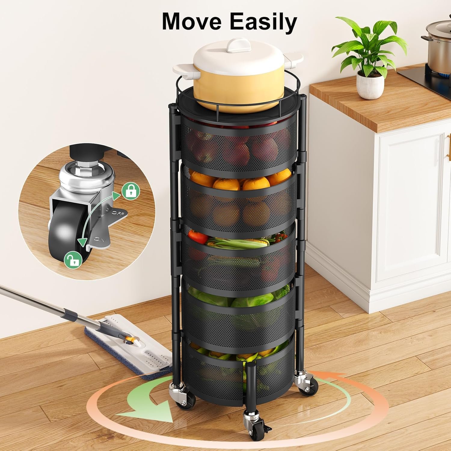 5 Tier Fruit Vegetable Basket for Kitchen, Rotating Storage Rack