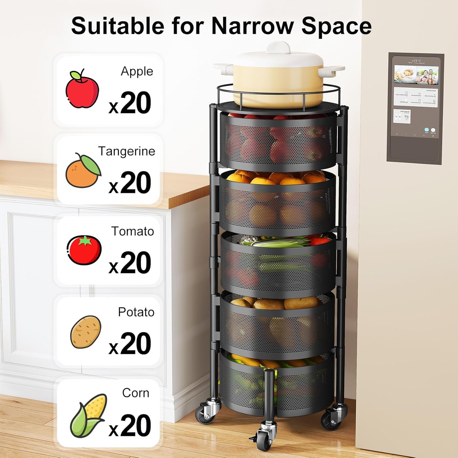 5 Tier Fruit Vegetable Basket for Kitchen, Rotating Storage Rack - Black