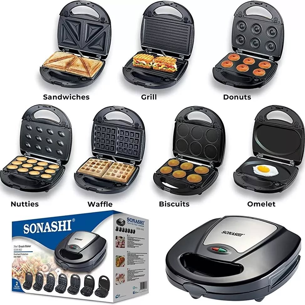 Sonashi 7-in-1 Multi Snack Maker Detachable Sandwich, Grill, Donut, Waffle, Cupcake, Nutty, Omelet Making Plates -Multi