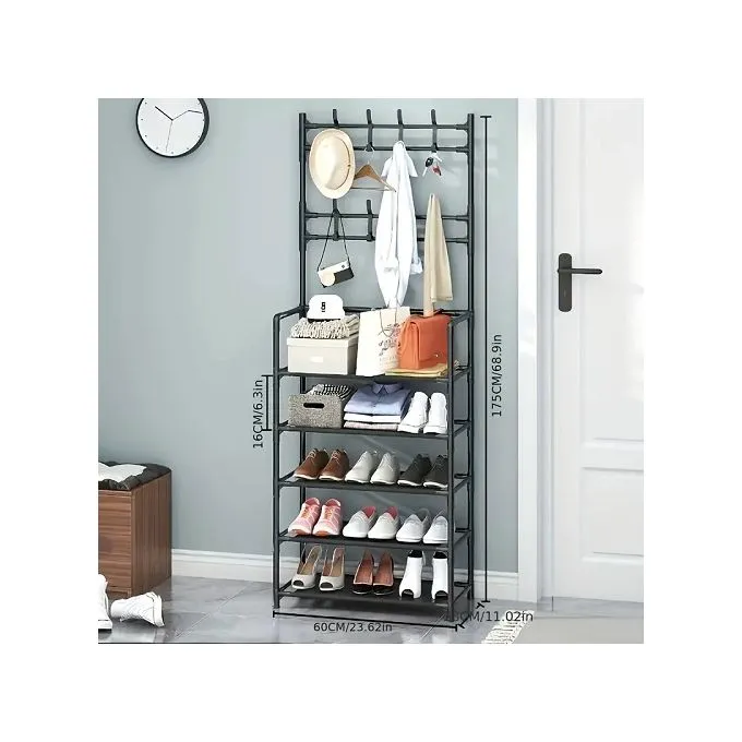 5 Tiers Coat Rack Shoe Rack With Coat/ Bags Hook -  Black