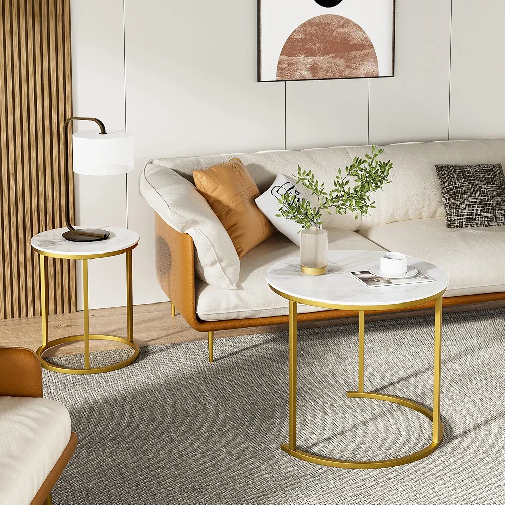 Set of 2 Marble Round Coffee  Center Tables - White/Gold