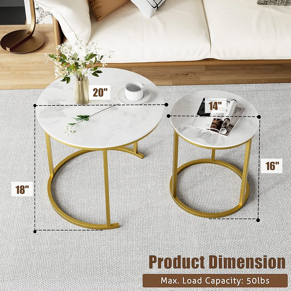 Set of 2 Marble Round Coffee  Center Tables - White/Gold