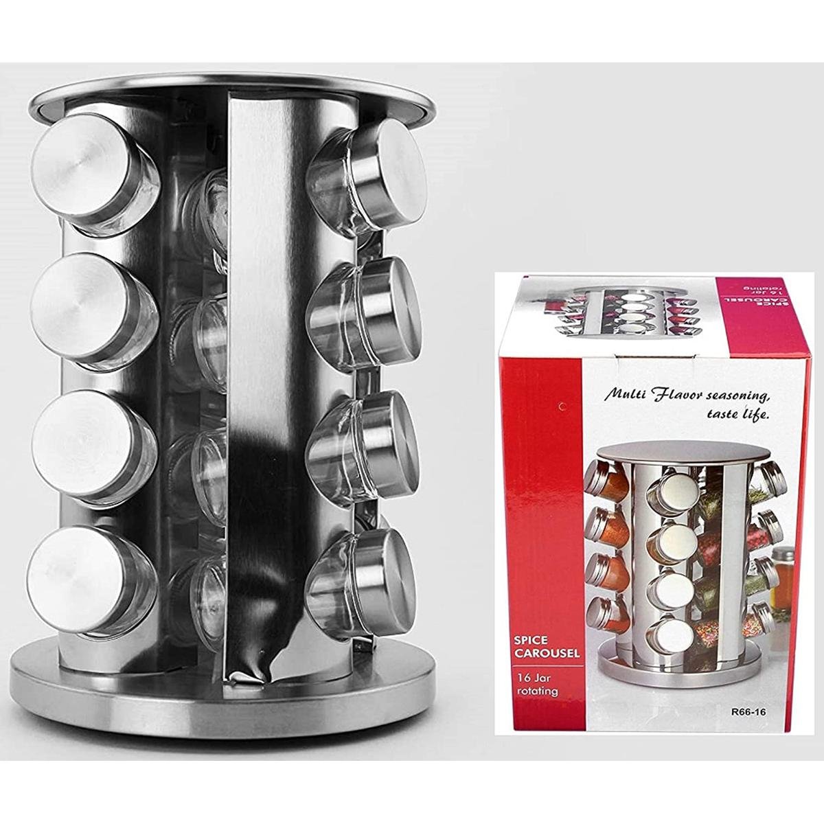 kitchen Spice Rack with 16 Set of Spice Jars, Round Stainless Steel