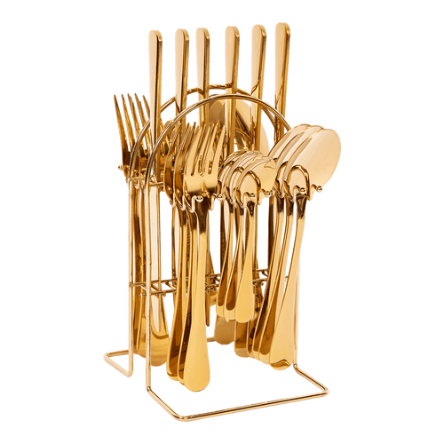 24Pcs Stainless Steel Cutlery Set With Stand - Gold