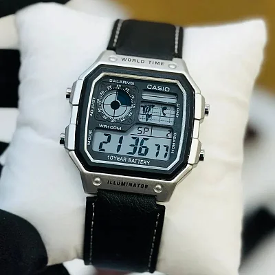 Casio AE-1200 World Time Digital Watch with Leather Strap - Black