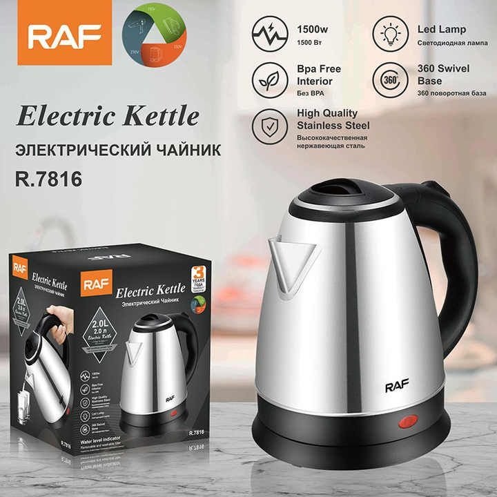 RAF 2 Litres Automatic Electric Kettle 2L – Stainless Steel & Cordless – 1500W