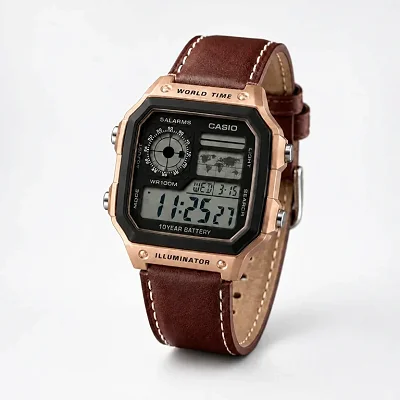 Casio AE-1200 World Time Digital Watch with Leather Strap - Brown