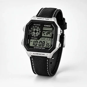 Casio Silver Black AE-1200 World Time Digital Watch with Leather Strap