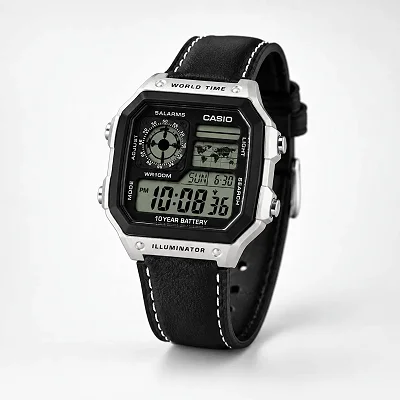 Casio Silver Black AE-1200 World Time Digital Watch with Leather Strap