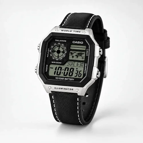 Casio Silver Black AE-1200 World Time Digital Watch with Leather Strap