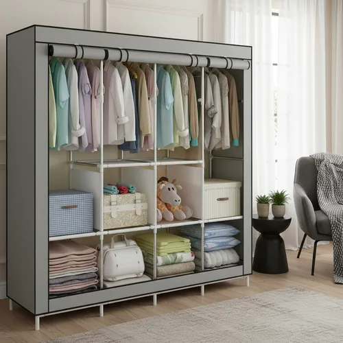 Frame Foldable 4 Columns Clothes Bags Fabric Steel Wadrobe Storage Organizer Closet-Multicolor