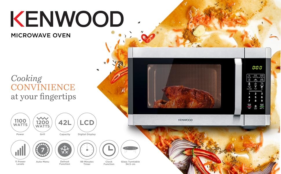 KENWOOD 42L Microwave Oven with Grill, Digital Display, 5 Power Levels, Defrost Function, Stainless Steel, Auto Menu, 99 Minutes Timer, Clock Function 1100W MWM42.000BK Black/Silver