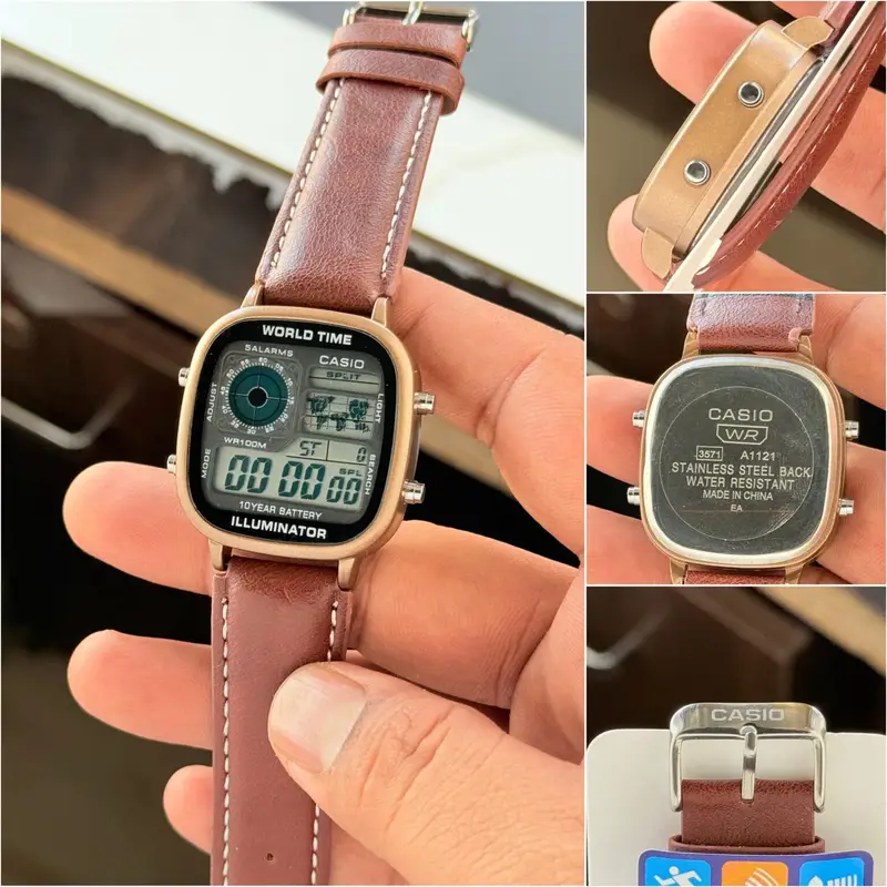 Casio Men's World Time Leather Strap Digital Watch - Multicolor