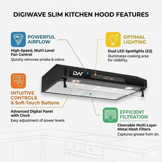 Digiwave LED Screen 60cm Range Hood Kitchen Extractor
