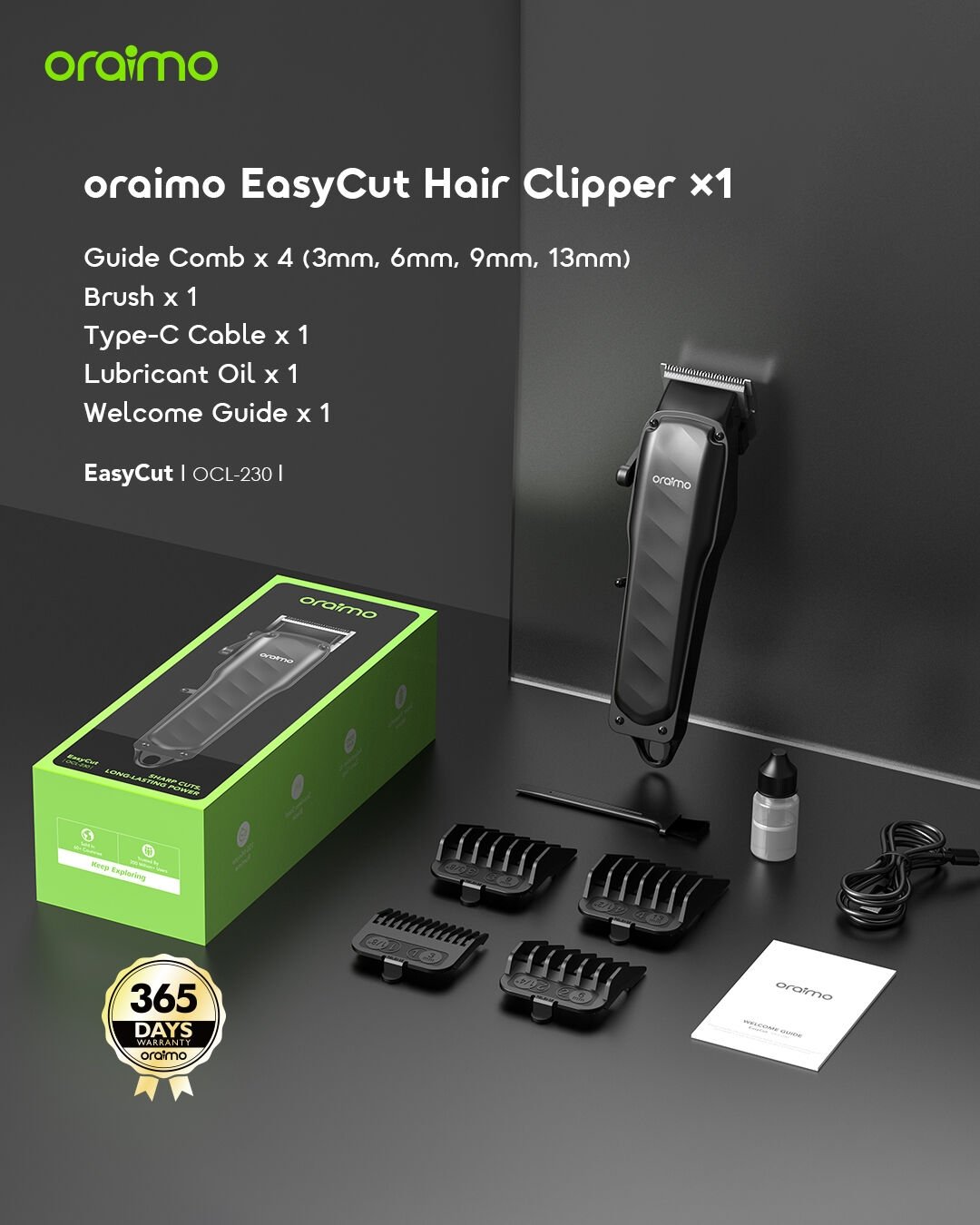 Oraimo Rechargeable Hair Clipper Powerful Motor Adjustable Lever 365-day Warranty