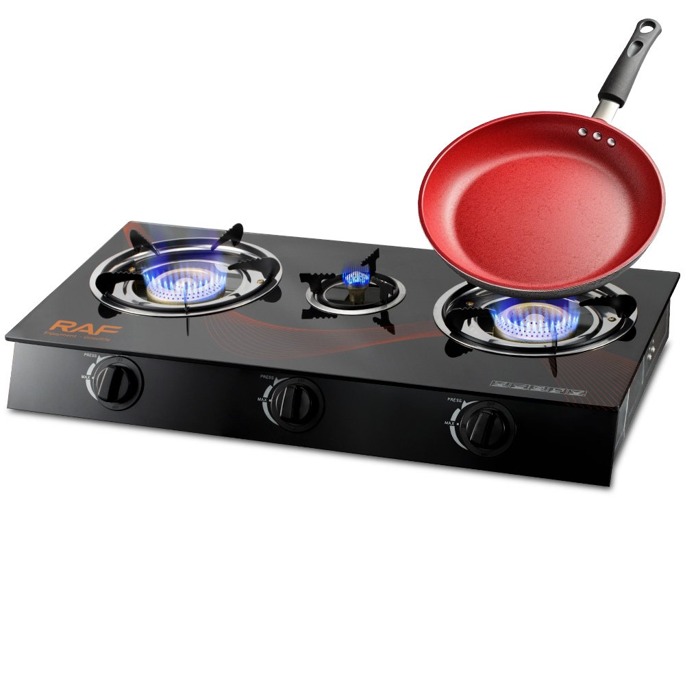Raf Triple Gas Stove Burner  With Auto Ignition With Glasstop - Black